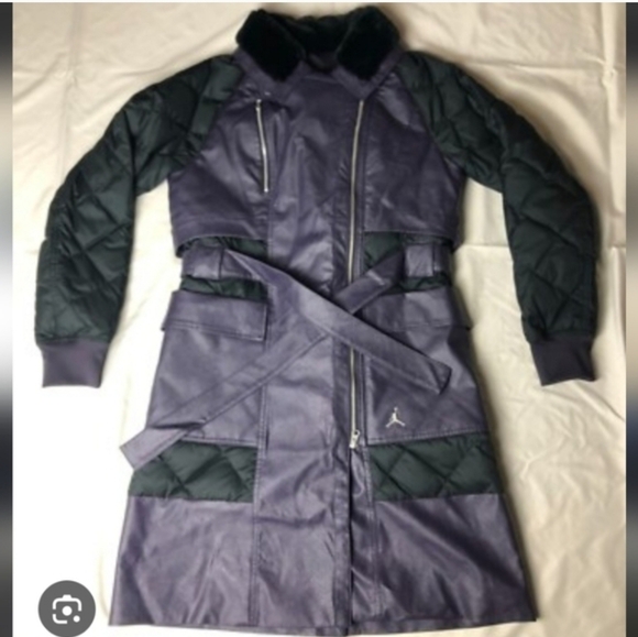 Nike Jordan New Black Royal Purple Leather Winter Trench Coat Long - Picture 2 of 6